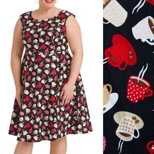 Plus-Size Sleeveless Midi Dress in Black with Red & Cream Coffee Cup Print